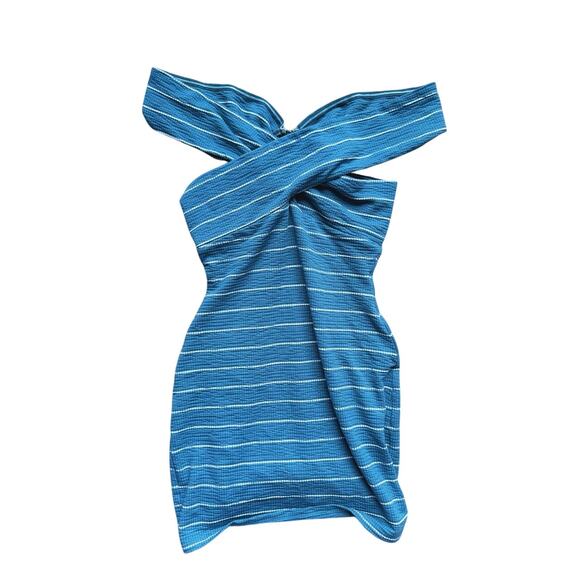 Revolve Privacy Please Teal Striped Off-Shoulder Mini Dress Small Feminine Club - Picture 4 of 7